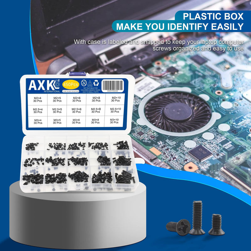 AXK 450PCS Laptop Computer Screw Kit, M2 M2.5 M3 Countersunk Flat Head Phillips Mini Screws Set, Replacement Parts for Electronic Repair 450PCS Kit