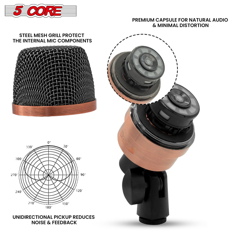 5 CORE Tom Microphone Copper Finish XLR Wired Uni Directional Snare Drum and Other Musical Instrument Mic w Swivel-Mount Steel Mesh Grille Tripod Carry Case Included Tom XP COPPEREX Metallic