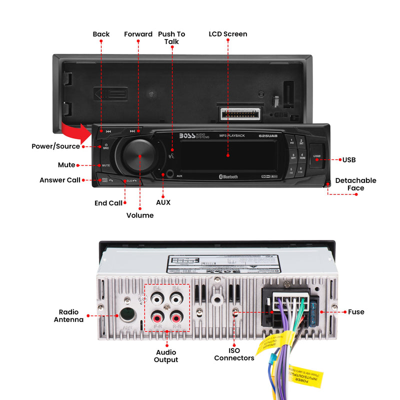 BOSS Audio Systems 625UAB Single DIN Bluetooth Car Stereo, AUX Input, USB 625UAB Detachable Face