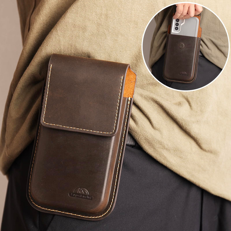 Topstache Leather Phone Holster with Belt Clip,Flip Cell Phone Pouch for iPhone 14/13 Pro Max,S23 Plus Belt Clip Phone Case,Universal Smartphone Sheath,XL,Darkbrown XL Darkbrown