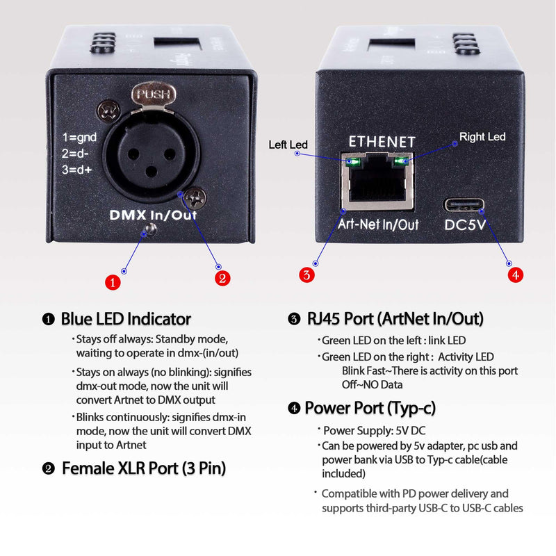 Bi-directional ArtNet DMX Ethernet Lighting Controller Interface | one universe (RDM not Supported)