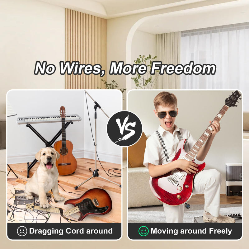 A13 Wireless Guitar System 2.4GHz Transmitter Receiver for Electric/Acoustic Bass Guitar, Rechargeable Li-Battery, Plug & Play Wireless Guitar Cable for Guitar, Bass, Violin - Black (2TX + 1RX) A13-2