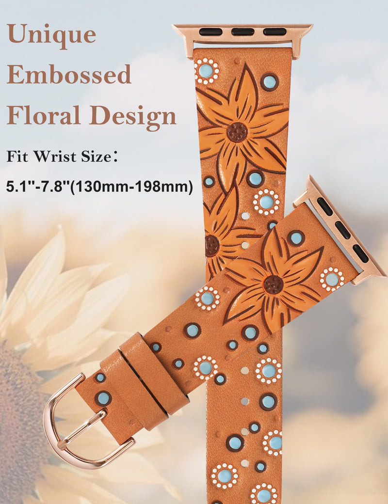 Minyee 2 Packs Band Compatible with Apple Watch Band Women 42/46/38/40/41/44/45/49mm, Premium Soft Leather Strap with Bling Dainty Flower Charm & Boho Western Embossed Sunflower Floral Premium Leather