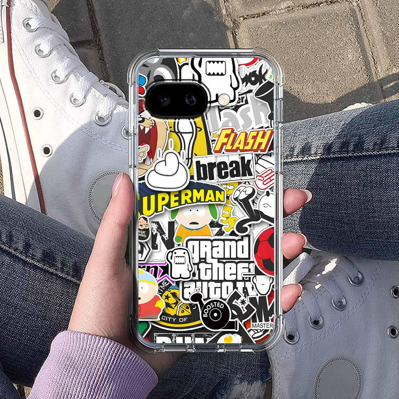 Case for Google Pixel 10a with Pop Culture Design,Aesthetic Cartoon Sticker Bomb Pop-Art Collage,Clear Slim Soft TPU Bumper Phone Cover,6.3”(Pop,P10a)