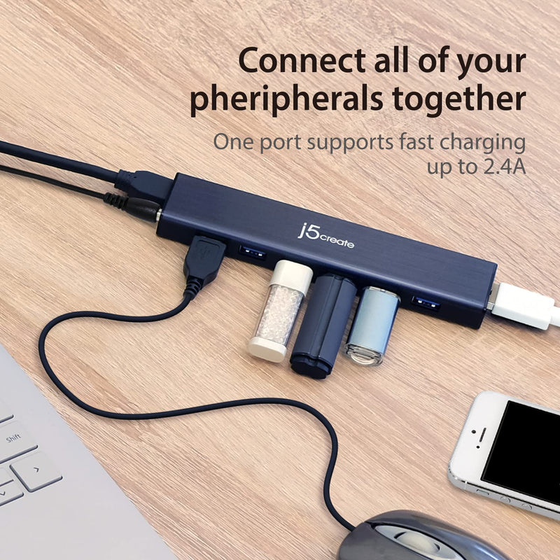 j5create 7-Port Powered USB 3.0 20W Data Hub with 3.3 ft Extended Cable | Power Adapter Included, for Mac, MacBook, Windows, Laptop, Surface, XPS, PC (JUH377)