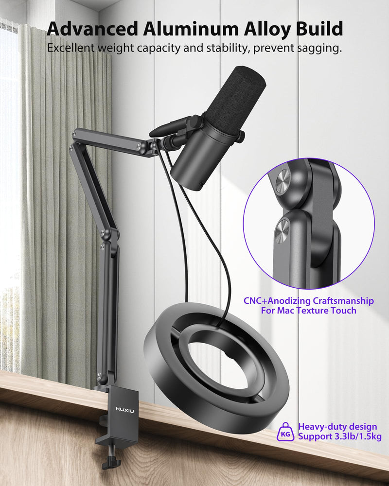 KU XIU Aluminum Alloy Boom Arm Microphone Stand for Desk, Three-Section Adjustable Mic Arm Mount with Cable Management Channels for Desktop Podcasting, Recording, Streaming, Gaming, Home Office-Gray