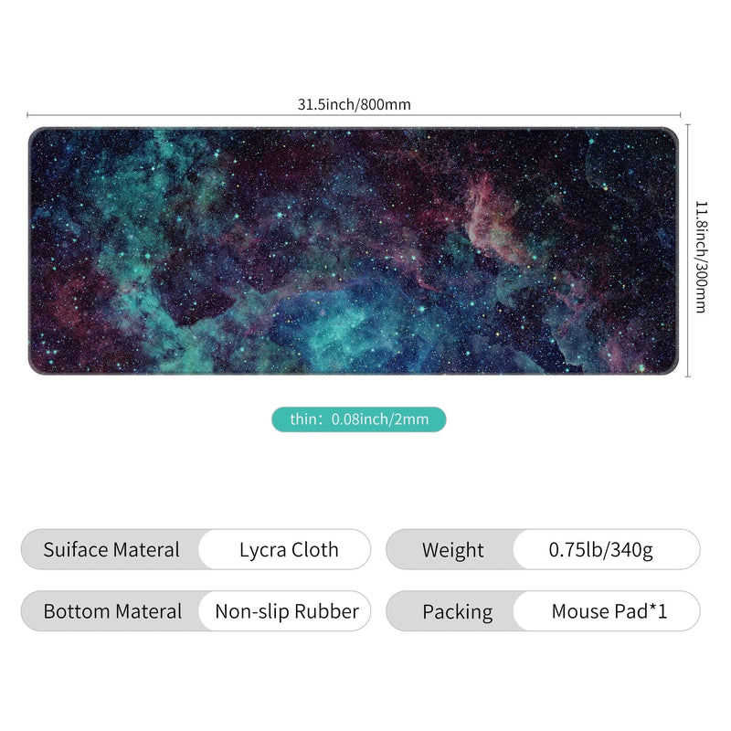 Dynippy Thin Extended Gaming Mouse Pad （31.5*11.8*0.08 inch） with Stitched Edges Large Mousepad Long XXL Keyboard and Mouse pad Desk Mat for Gaming Office & Home - Galaxy Space (Galaxy Space)