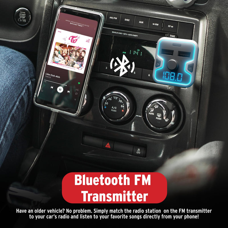 Car and Driver Bluetooth 5.0 FM Transmitter Car Charger, USB-C PD Fast Charging Adapter, Dual USB Car Lighter Plug with Hands Free Calls, Music Streaming for iPhone Android Alexa Siri Google