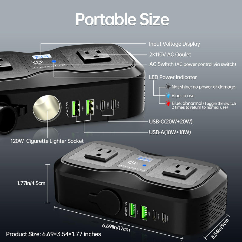 200W Car Power Inverter DC 12V to 110V AC Car Plug Adapter Outlet | LED Voltmeter, 4-Port PD/QC3.0 USB A/C, 2 AC Outlets and Cigarette Lighter Splitter Car Charger for Laptop/Camping/Road Trip 200W