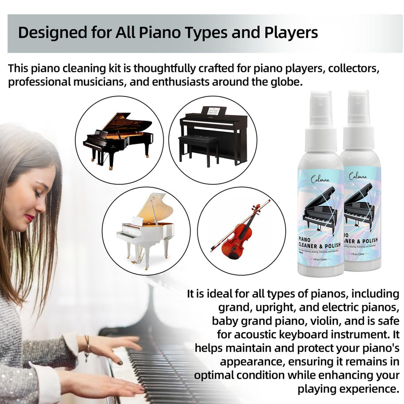 [AUSTRALIA] - Calvana (2-Pack) 2-in-1 Piano Cleaner and Polish Kit, Includes 12x12 Microfiber Cleaning Cloth, Piano Accessories for Most Piano Surfaces, Grand Piano, Digital Piano, Baby Grand Piano, Violin, 4 OZ×2 Cleaning & Polish Kit with Cleaning Cloth 2pk 