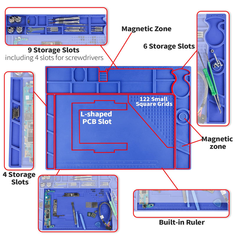 YIHUA M170 Heat Resistant Soldering Mat 440×310×6mm Soldering Pad with Storage Slots, Integrated Ruler, Magnetic Zones, PCB Slot and Flexible Soft Silicone Soldering Mat 440x310mm