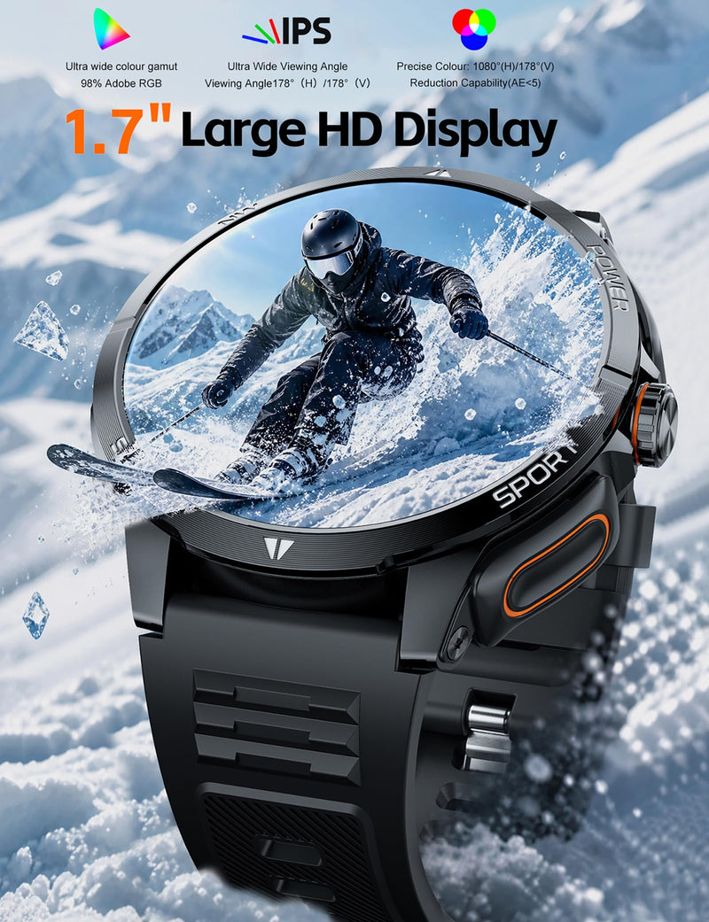 Smart Watch with Earbuds for Men,1.7 HD Screen，Double Strap | 2-in-1 Design,Magnetic Earbuds,Configure a steel strap and a silicone strap,Comes with 2 glass screen protectors as a gift Black-GT200