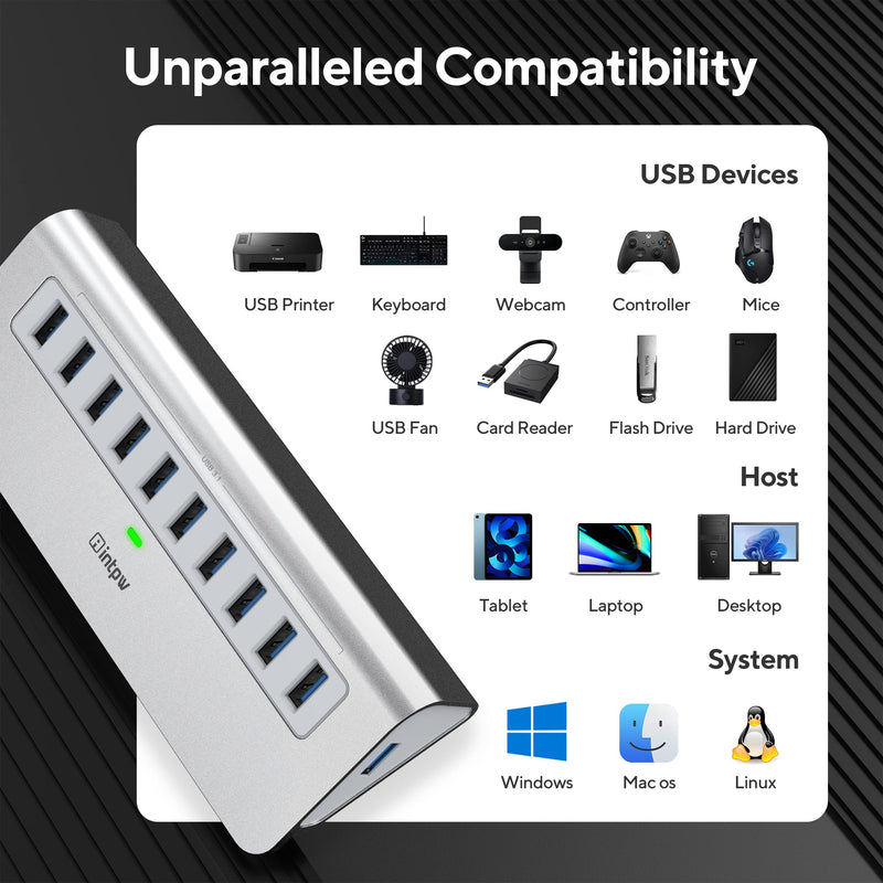 Powered USB Hub, intpw 10 Port USB 3.1 Hub with 10Gbps Data Transfer, 30W(12V/2.5A) Power Adapter, USB Type A and Type C Cable, Aluminum USB Splitter for Laptop, MacBook and Desktop Computer