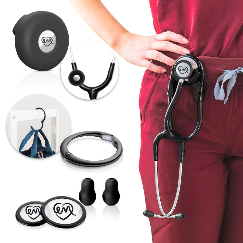 Stethoscope Holder Kit – Hip Clip with Rotating Clip for Neck Pain Relief + 3 BONUSES: Stethoscope AirTag Holder, Stethoscope Replacement Covers/Ear Pieces (Classic III & IV), and Bag Hanger Black