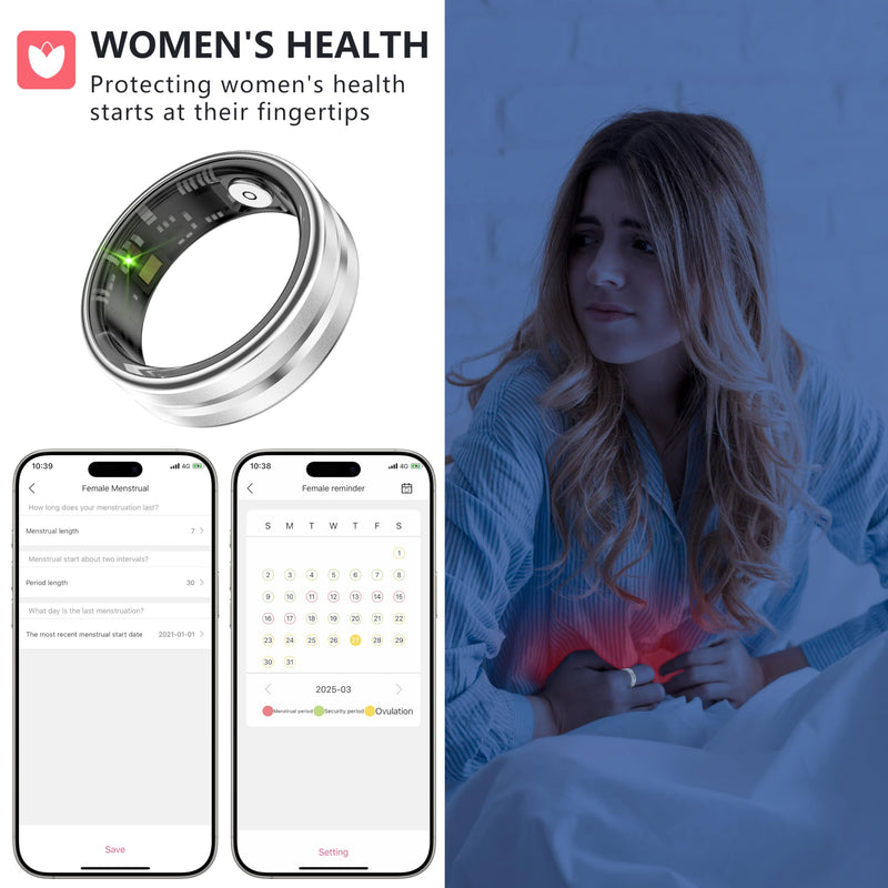 Thin Smart Ring for Fitness & Health Tracking -Pedometer,Sleep/Heart Rate/Blood Oxygen Monitor, Gesture Control / 5ATM Waterproof -No APP Subscription Compatible with Smart Phone (Silver, 12) Silver