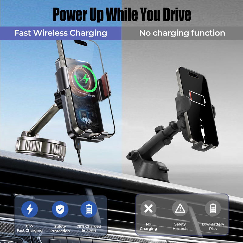 Car Phone Holder Charger, 15W Wireless Car Charger with Auto Clamp & Smart Sensor, Rotating Vacuum Suction Cup Dashboard/Windshield Phone Mount, 360° Adjustable Car Mount for iPhone, Samsung, Black for General Suction Cup PM