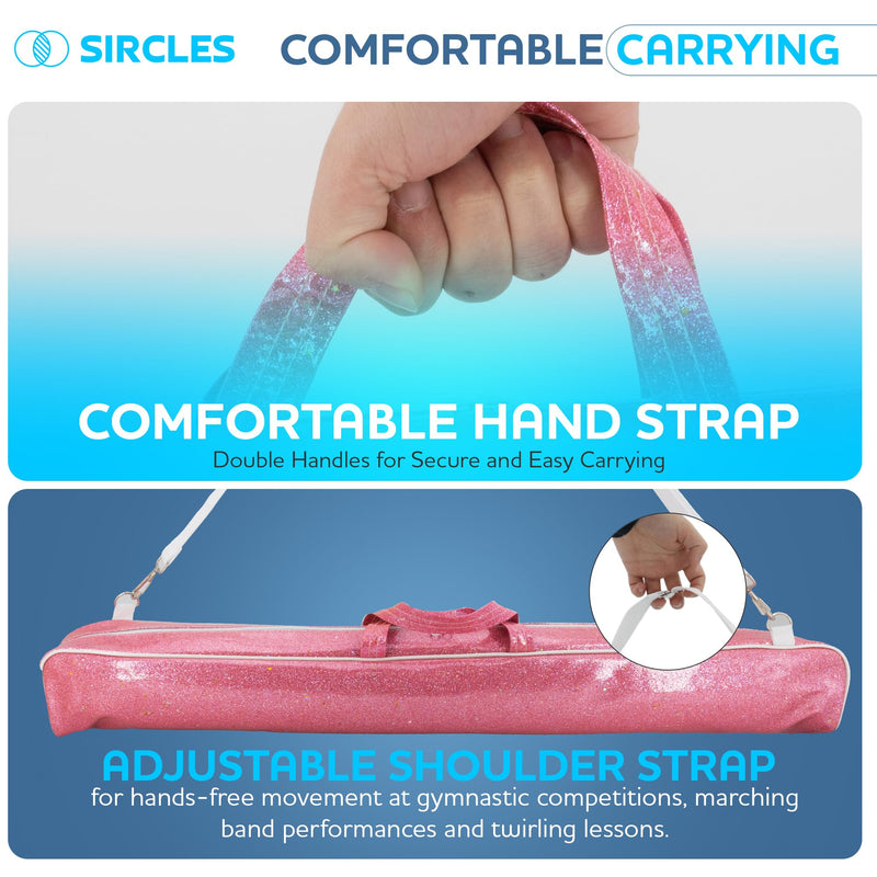 Twirling Baton Bag Case with Adjustable Shoulder Strap - Pink Sparkle Case for Majorette Marching Dance Batons - Complete with 2 Rainbow Dance Ribbons Baton Bag Pink
