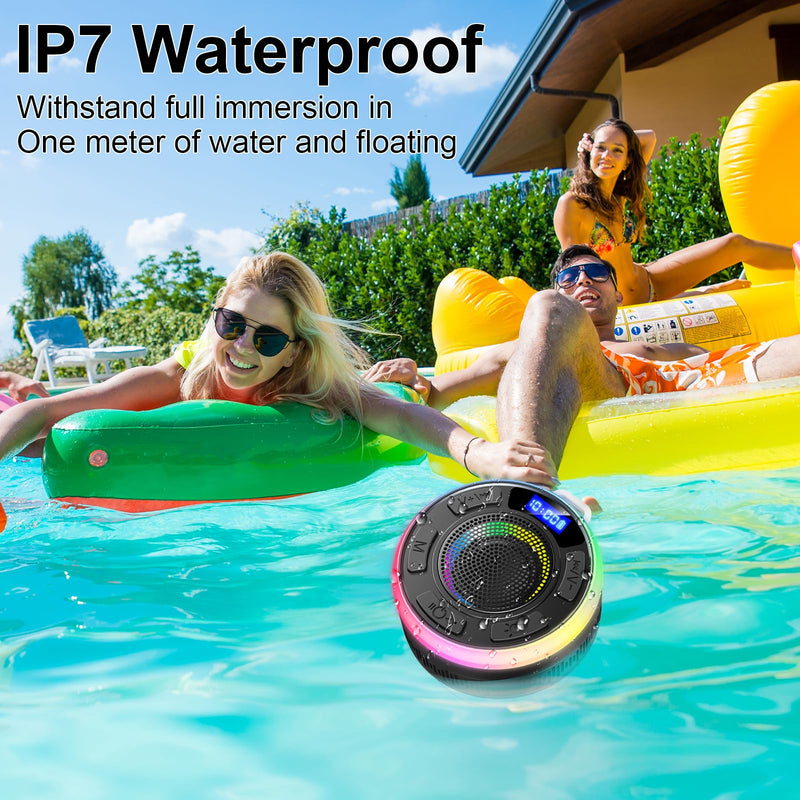 [AUSTRALIA] - Shower Bluetooth Speaker IPX7 Waterproof, Portable Bluetooth Speakers with Suction Cup and Time Display, Crystal Sound&Bass LED Light 1100mAh, Wireless Shower Speaker for Outdoor/Kayak/ Gifts/Beach Black 