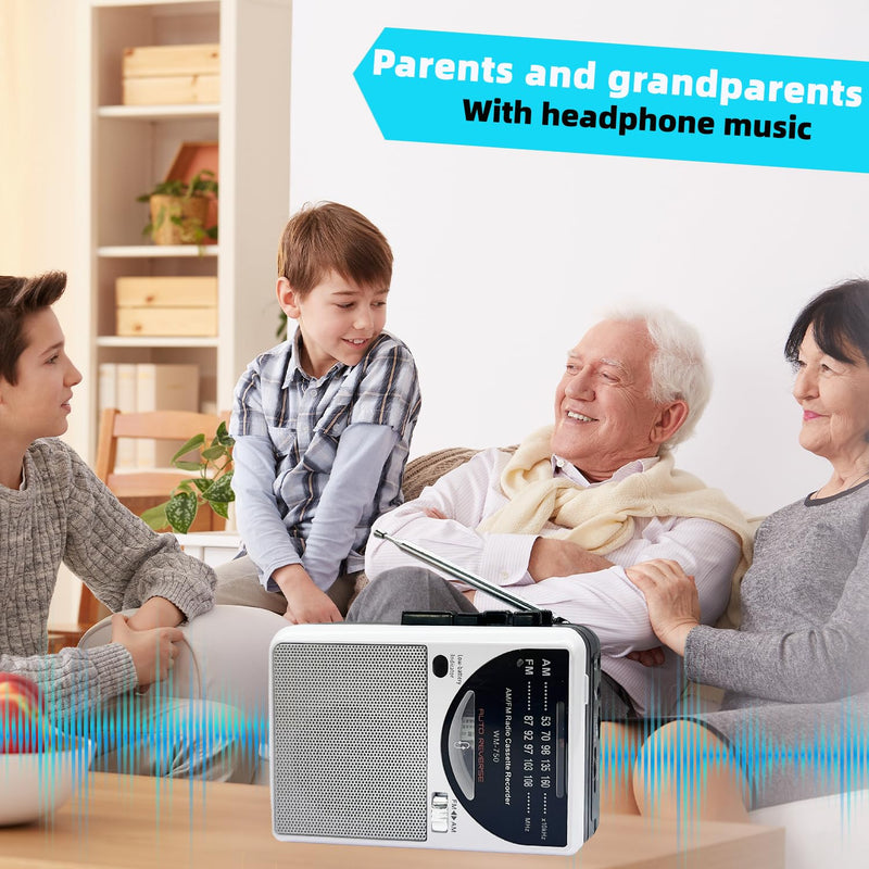 [AUSTRALIA] - Cassette Tape Player, Cassette Recorder with Automatic Rewind, AM/FM Battery Powered Radio with 3.5MM Headphone Jack, Big Speaker, Microphone Jack, Powered by DC or AA Battery (White) 