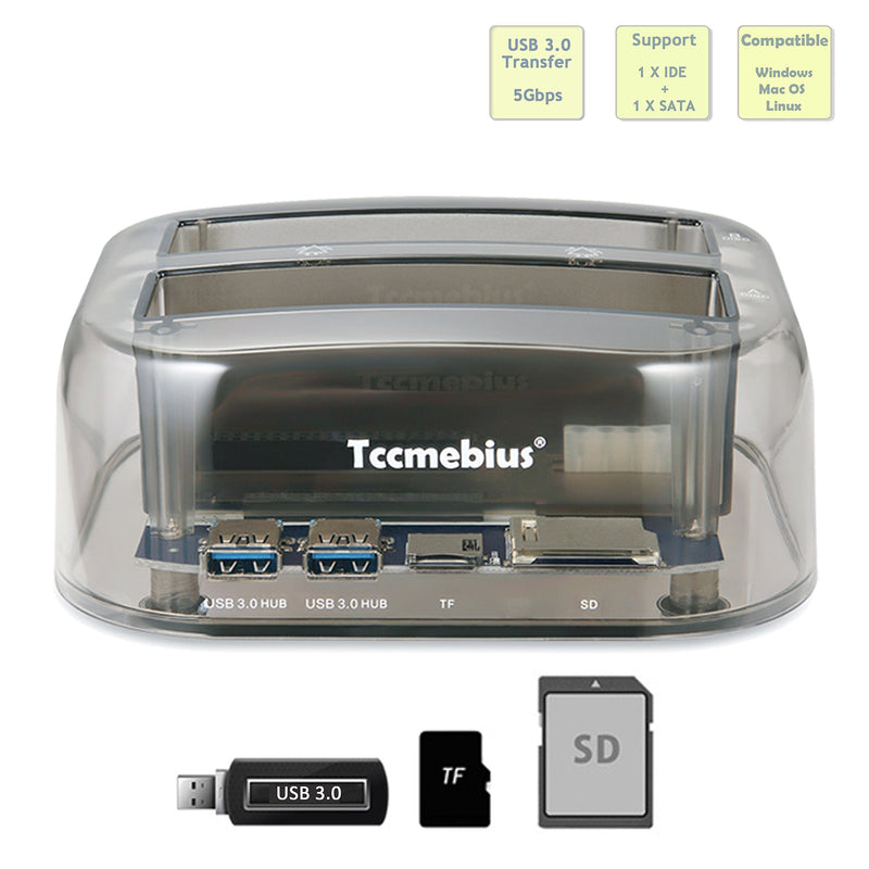 TCC-S865 USB 3.0 to SATA IDE Dual Slots External Transparent Hard Drive Docking Station with Card Reader and 2 Ports USB 3.0 Hub for 2.5 3.5 Inch IDE SATA I/II/III HDD SSD