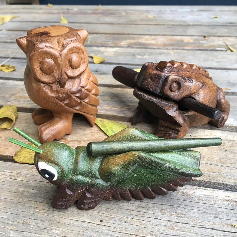 Wooden Percussion Frog, Cricket and Owl Set 3 Musical Instrument Products From Thailand Home Office Decoration Nice Gift (Small) Small
