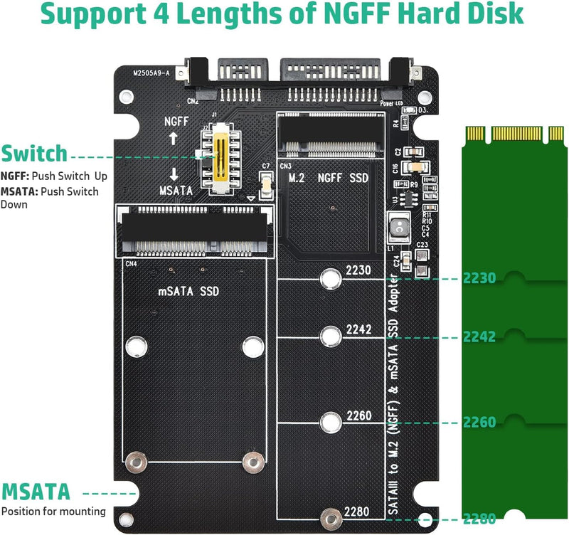 ELUTENG M.2 SATA to SATA Adapter (Not Support NVME/M.2 PCIE) MSATA and B Key/B&M Key M.2 NGFF SDD to 2.5" SATA III 2 in 1 Converter Supports MSATA/M.2 NGFF SSD Not for M Key M.2 NGFF/MSATA to SATA