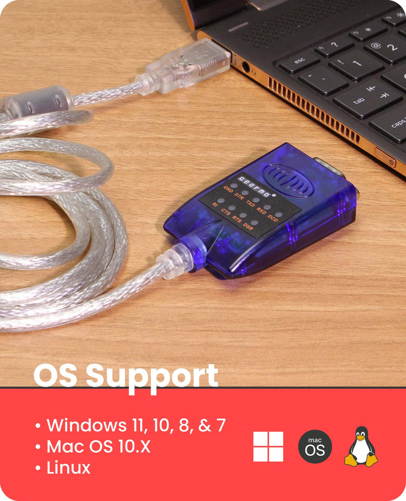 Gearmo USB to Serial RS-232 Adapter with LED Indicators, FTDI Chipset, Supports Windows 11/10/8.1/8/7/, Mac OS X 10.6 and Above