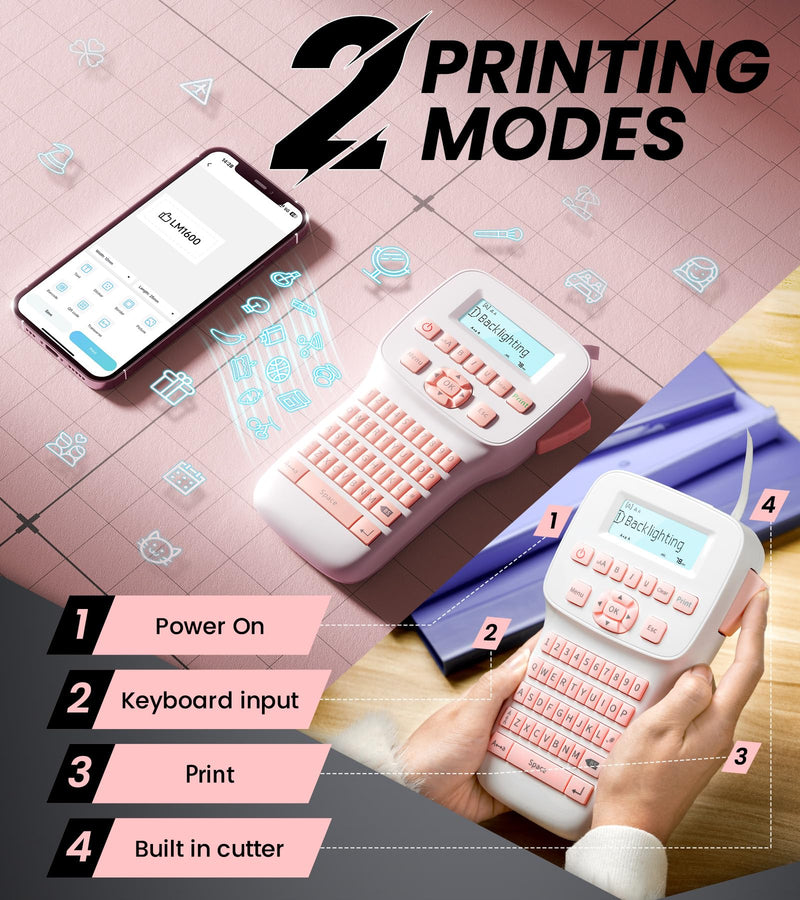 [AUSTRALIA] - Rechargeable Label Maker, Pink Label Maker with Keyboard, Handheld Label Maker Machine with Bluetooth Backlit Large Display LM1600, Portable Labeler for Home & Office Organization School 