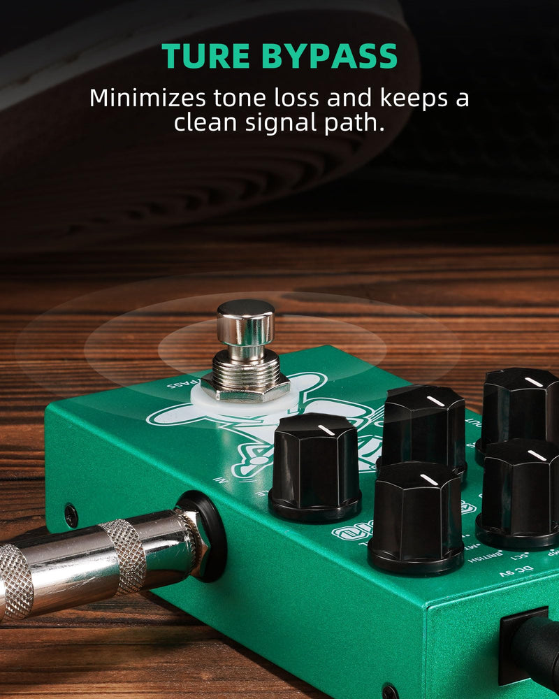LEKATO Boost Distortion Overdrive Digital Guitar Effect Pedal with 9 Tones, 3-band EQ, True Bypass, Combo Clean Pedal for Electric Guitar Green Boost Distortion