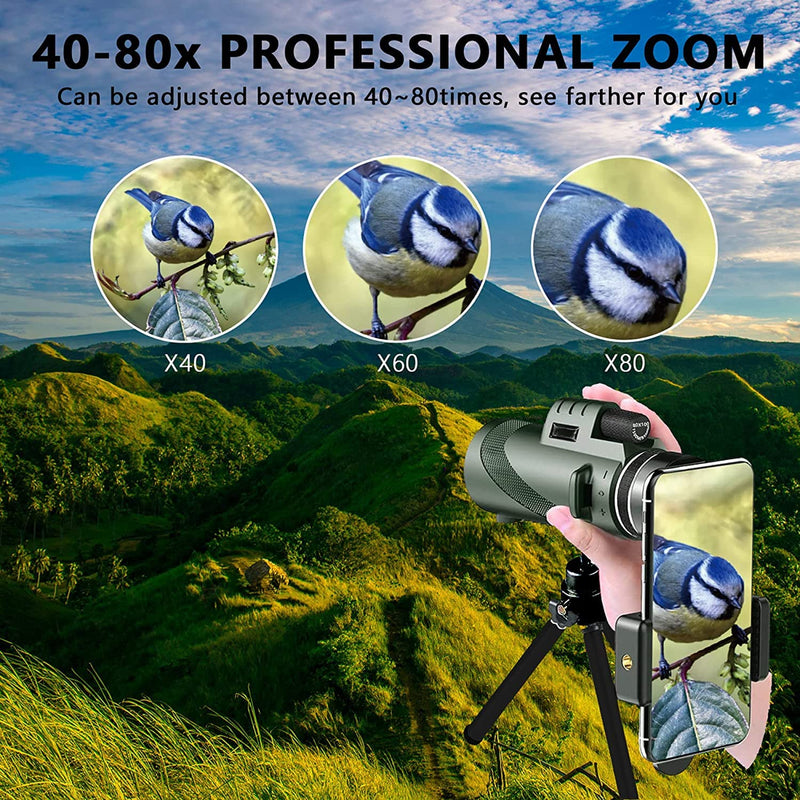 80x100 Monocular-Telescope High Powered Monocular for Adults Monocular for Smartphone Adapter Monocular Telescope Hunting Wildlife Bird Watching Travel Camping Hiking Green