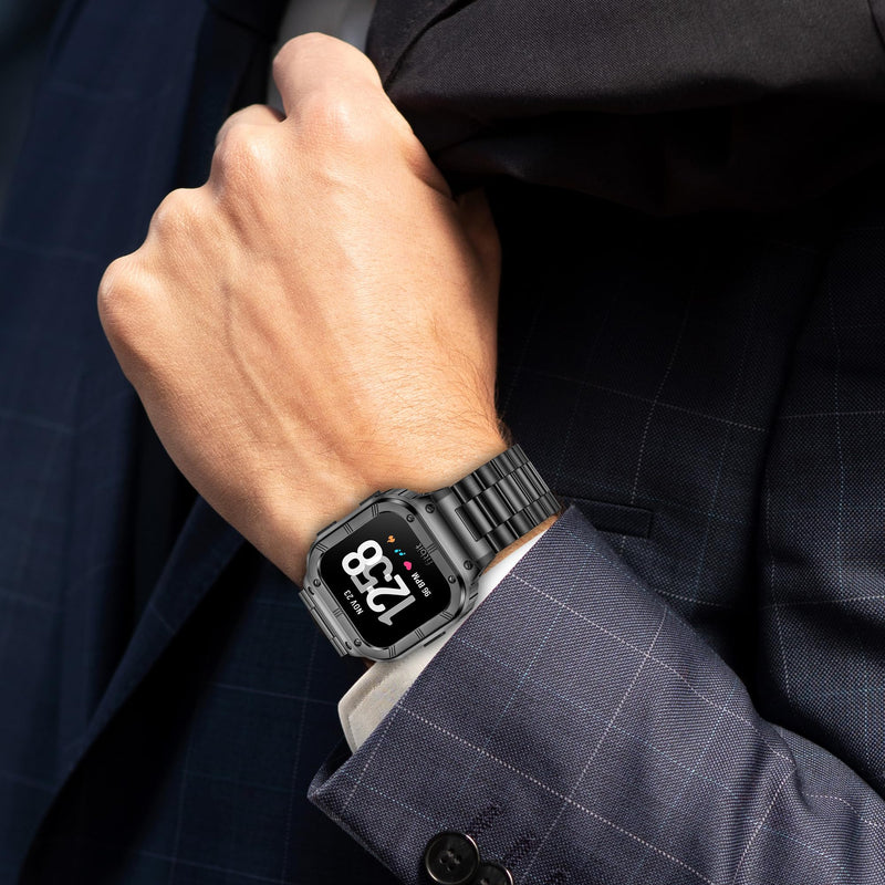 Metal Band Compatible with Fitbit Watch Versa 4/3/2/Lite Sense 2/1 | HASLFM Stainless Steel Strap with Case, Rugged Cover for Men. Black