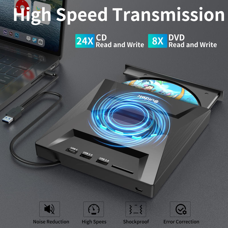 [AUSTRALIA] - SUIDEK External CD DVD Drive for Laptop, USB C Portable CD/DVD +/-RW Burner DVD Player with SD Card Reader USB 3.0 Type C Hub Compatible with Laptop PC Windows Linux Space Black 