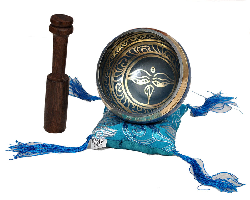 Tibetan Singing Bowl Set By Dharma Store - With Traditional Design Tibetan Buddhist Prayer Flag - Handmade in Nepal (Blue) Blue