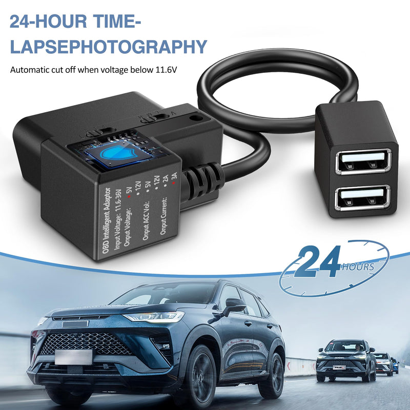 OBD Constant Power Cable for Dash Camera,Compatible with Garmin Dash Cam,OBDII Adapter Cable with Dual USB Interfaces,24 Hours Surveillance/Acc Mode with Low Voltage Protection 11.6-36V to 5V 3A OBD Constant Power Cable