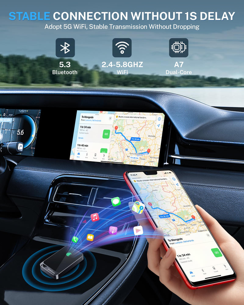 Wireless CarPlay Adapter for Apple iPhone (2024 Upgraded) - Multi-User Seamless Connection for Convert Wired to Wireless Car Play Adapter - No Latency from iOS 10+ to Screen w/USB C (Gray) Gray