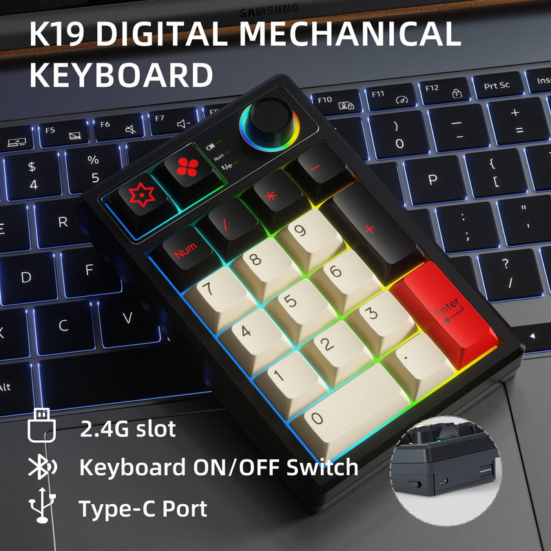 KEYCOOL K19 Wireless Numeric Keyboard, Mechanical Number Keypad Hot-swappable Bluetooth Numpad 5.0/2.4GHz, RGB Multi-Function Knob Numerical Keyboard for Laptop Mac Win iOS Android Earl Red 19 Key