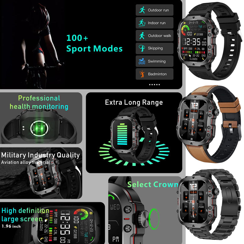 Smart Watches for Men(Answer/Make Call) , 1.96" HD Fitness Tracker Watch with Blood Pressure/Heart Rate Monitor, 3ATM Waterproof Fitness Watch for Men, Smart Watch for Android/iOS Phones (Brown) Brown