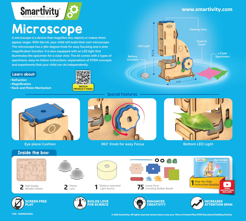 [AUSTRALIA] - Smartivity Microscope 100x Zoom STEM Toy for Kids Age 8 to 14 Years Old | Cool Birthday Gifts Ideas for Boys & Girls | DIY Science Toys for 8,9,10,11,12,13,14 Years I Wooden Engineering Game 100x Microscope 