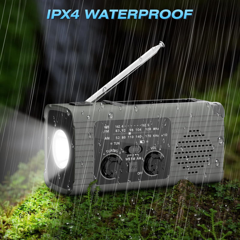 Emergency Radio Hand Crank Radio USB Charged Portable Power Bank with Solar Charging, SOS Alarm, AM/FM/NOAA Rdios, 180° Rotate Reading Lamp, LED Flashlight for Camping, Home, Outdoor Emergency Gray