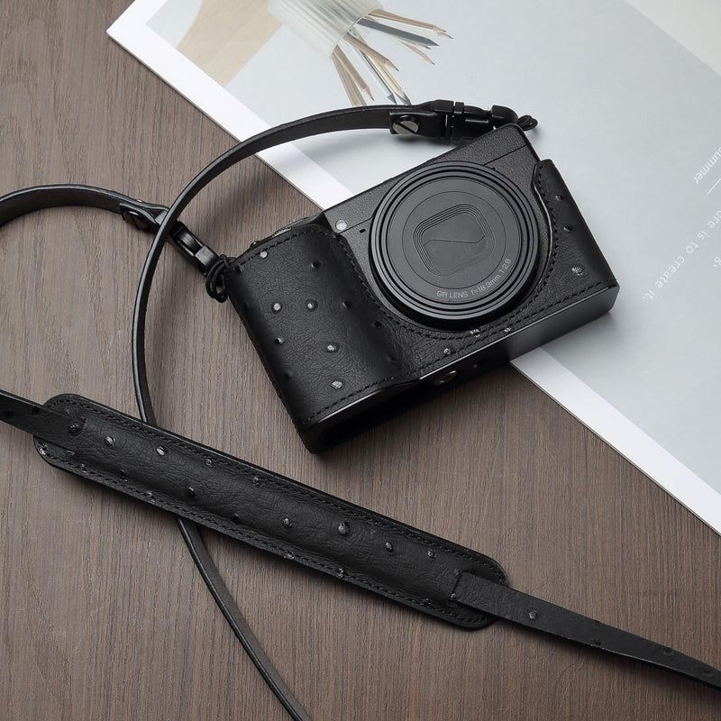 Quick Release Leather Camera Neck and Shoulder Strap | Genuine leather neck and shoulder strap with lightweight comfort and quick-release ends for compact cameras Ostrich Black