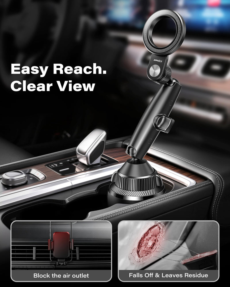 APPS2Car Magnetic Cup Holder Phone Mount, Tri-Pivot Adjustable Long Arm | 17 N54 Magnets, Fits 3"–4" Cup Holders, 17mm Ball Joint, Compatible with MagSafe iPhone, Samsung, Smartphones