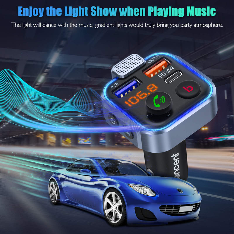 LENCENT FM Transmitter in-Car Adapter,Type-C PD 20W+ QC3.0 Fast USB Charger, Wireless Bluetooth 5.0 Radio Car Kit,Hands Free Calling, Mp3 Player Receiver Hi Fi Bass Support U Disk Blue-38W