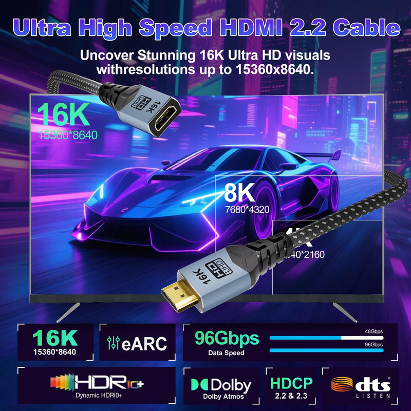 [2-Pack 16K HDMI Extension Cable,6.6FT/2M 8K 120Hz 4K 240Hz/480Hz, 96Gbps Braided EXT HDMI Extender Cord, Ultra High Speed Compatible with HDTV, Laptop,Series X,Chromecast, TV Stick 6.6FT+6.6FT/2M+2M