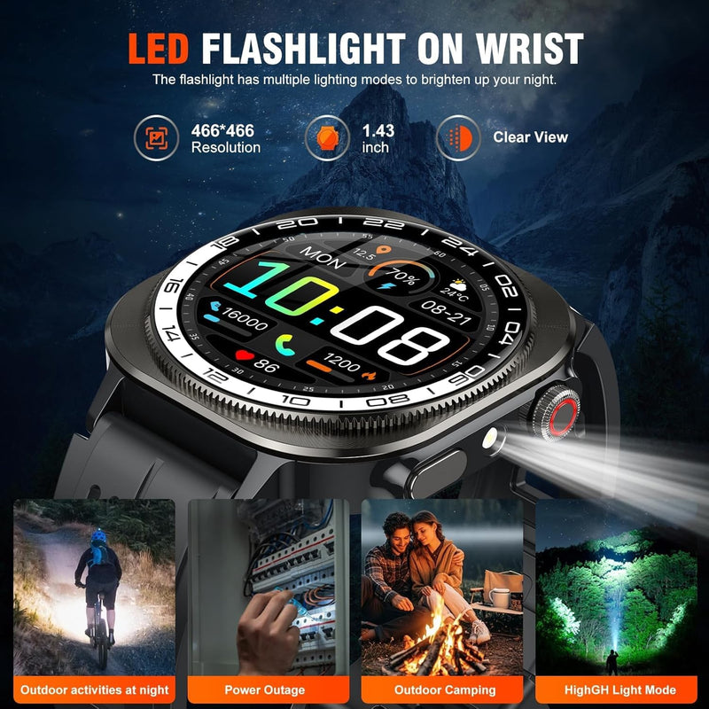 Smart Watch,2026 AMOLED 1.43",Bluetooth 5.4 Calling Smartwatch,1000mAh Battery,96 Days military watches,130+ Sports,Flashlight,Heart Rate,Sleep Monitor,IP68 Waterproof Fitness Tracker,for Android iOS A-Black