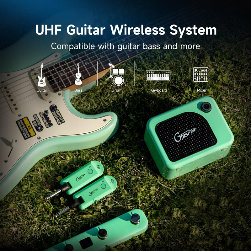 GTRS GWU4 UHF Wireless Guitar System Transmitter and Receiver 4 Signal Channels Rechargeable, Auto Match, Low Latency, 100 Feet Range, Stable Connection for Electric Guitars Bass and More (Green) GREEN