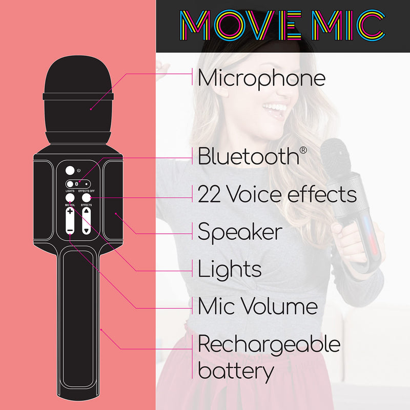 Move Mic by Singing Machine – Bluetooth Karaoke Microphone & Speaker with LED Lights, 22 Voice FX & Rechargeable Battery – Portable Mic for Dorm Parties, Family Fun, Kids, and Teens