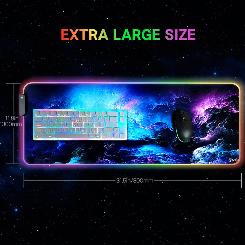 RGB Gaming Mouse Pad, Gerlos Large Extended Soft Led Mouse Pad with 12 Lighting Modes 2 Brightness Levels, Water Resist Keyboard Pad, Computer Keyboard Mousepads Mat 800 x 300mm / 31.5×11.8 inches Blue