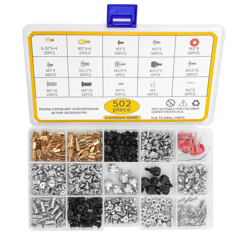 502PCS PC DIY Screw Kit, Assorted Size Screws Nuts Washers for Computer Building, Case Modding, Gaming PC Upgrade & Laptop Repair - Portable Metal Fastener Set