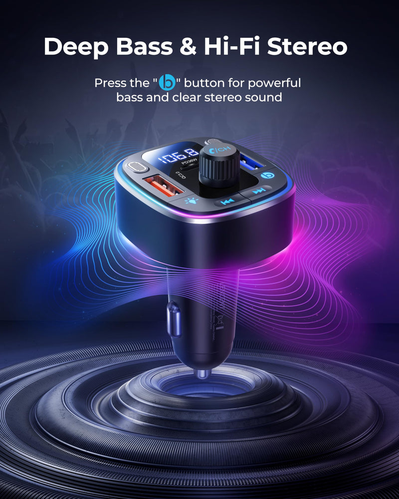[AUSTRALIA] - LENCENT Bluetooth 5.4 Car Adapter FM Transmitter 54W Fast Charging, Dual Mics, HiFi Bass Sound, 2 Modes LED Backlit, Cigarette Lighter Adapter Hands-Free Calling Radio, Support USB Drive 