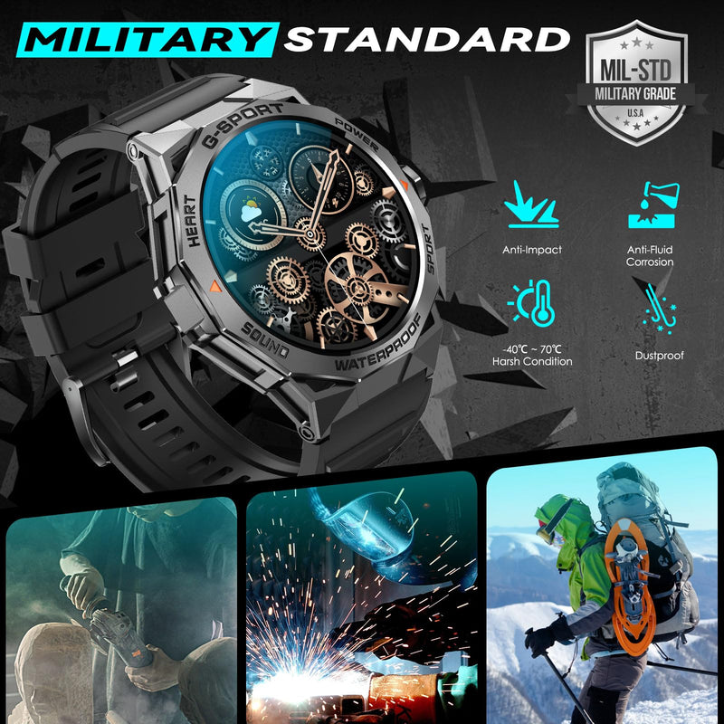 Military Smart Watch for Men Answer/Make Call 1.43" AMOLED Always On Screen | Rugged Smartwatch with Heart Rate Sleep Monitor Waterproof Outdoor Tactical Waterproof Smartwatch for iPhone Android Phone